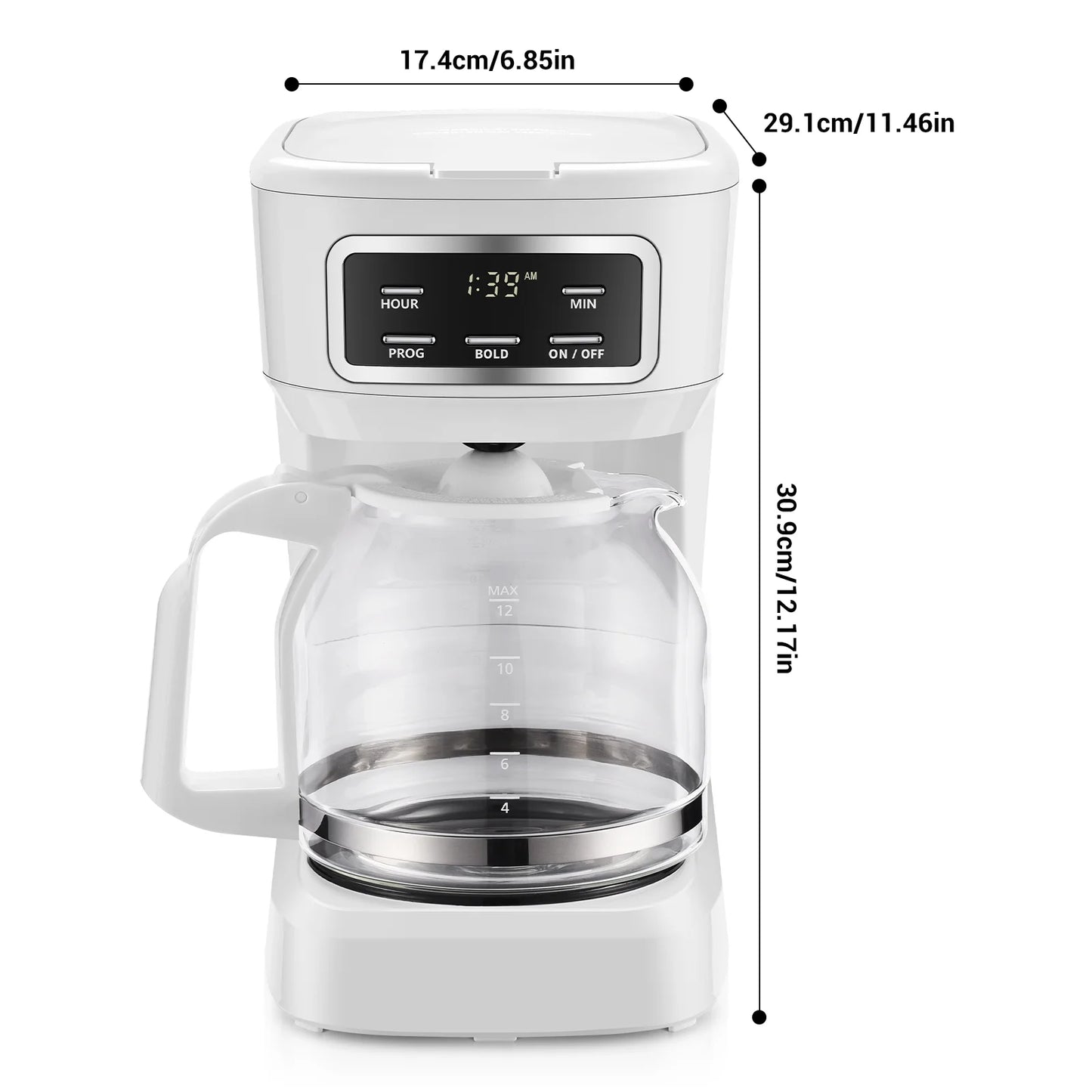 12 Cup Programmable Coffee Maker, 1.8 Liter Capacity, White