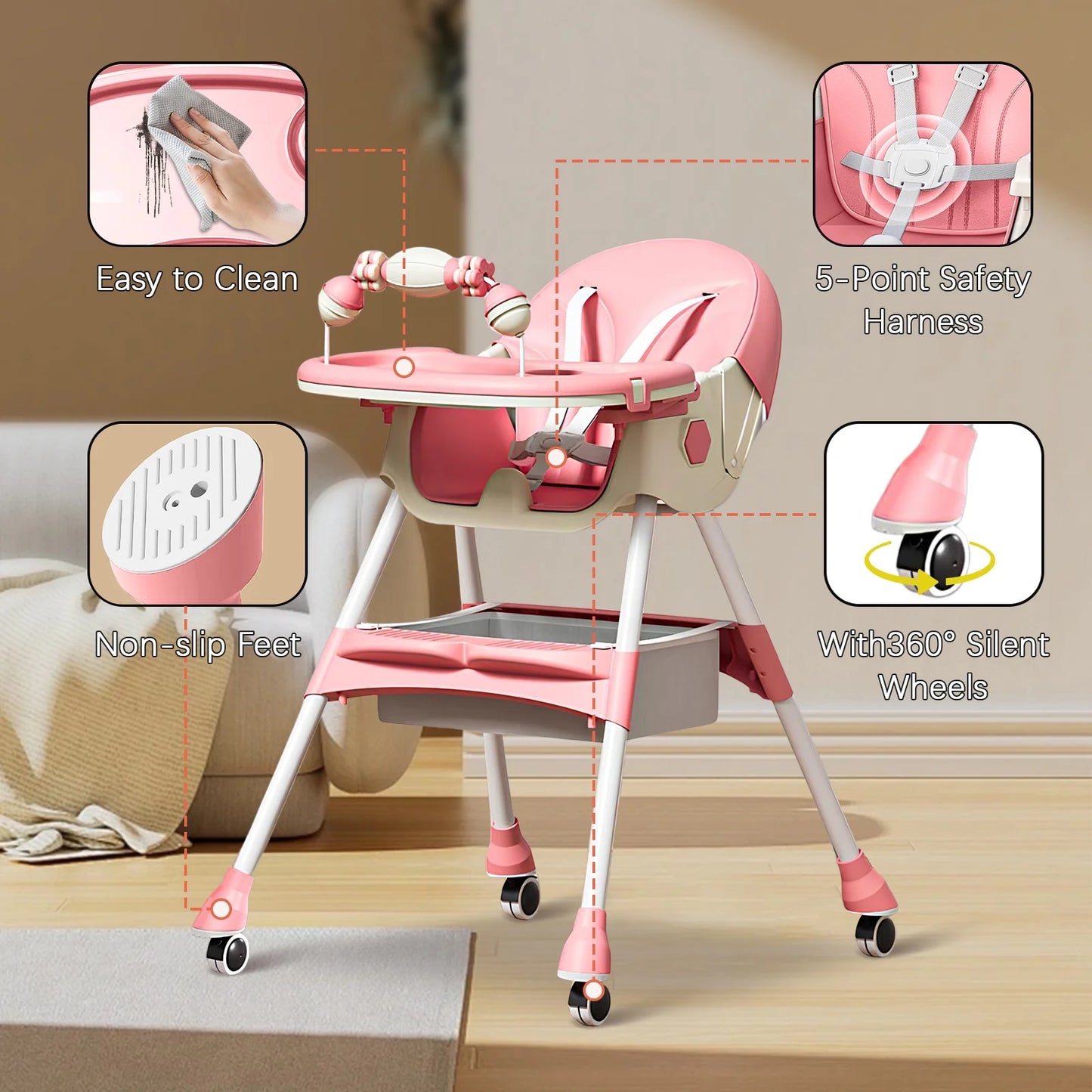 4-In-1 Baby High Chair, Portable Dining Chairs Eat & Play with Double-Layer Dinner Plate and Toy Rack, for 0-36 Months, Pink
