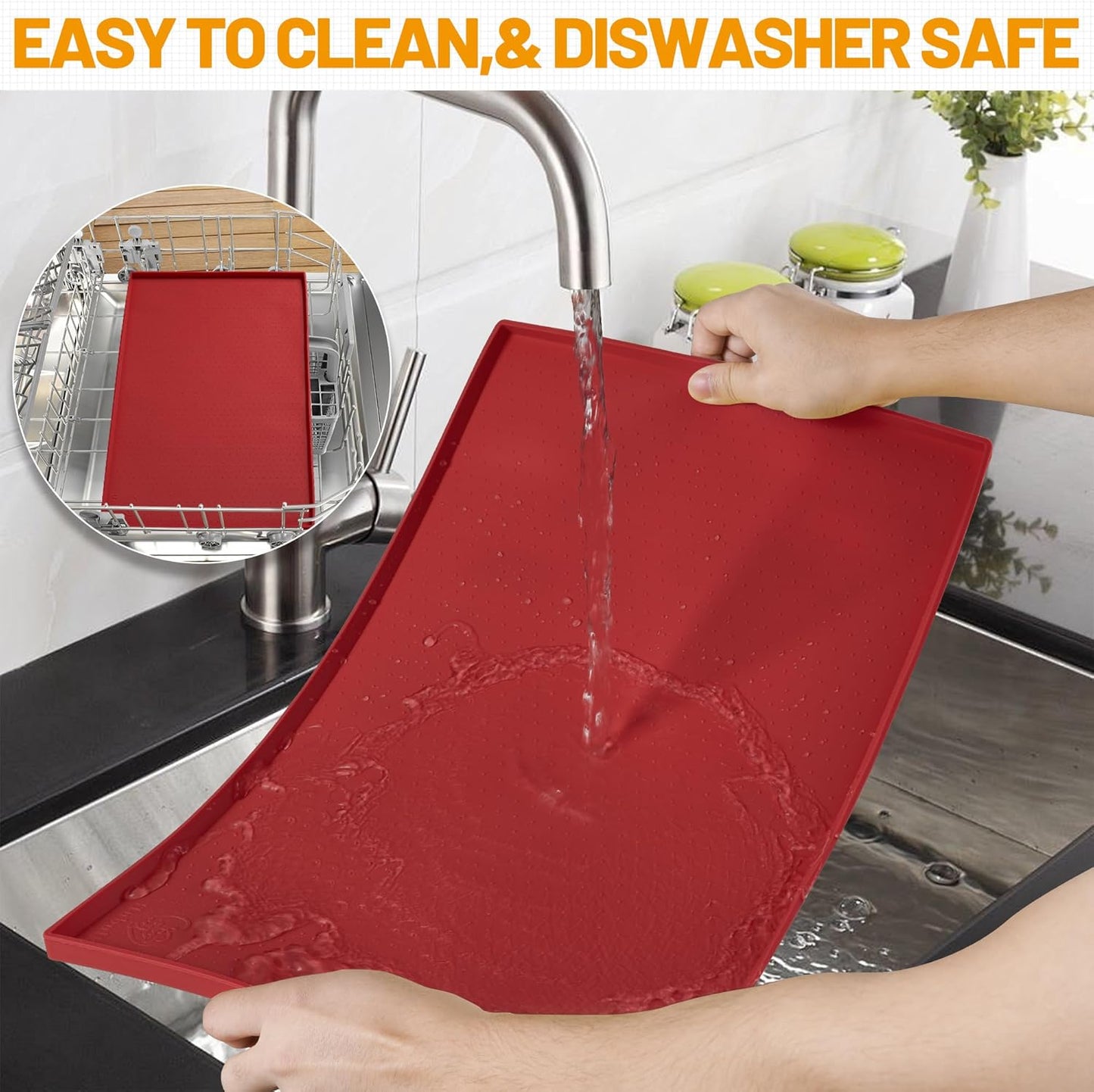 Dog Feeding Mat,100% Waterproof BPA Free Silicone Pet Food and Water Bowl Placemat,Dishwasher, High Raised Edge to Prevent Spills,Nonslip Tray to Stop Messes on Floor (19"X12"X0.5", Red)