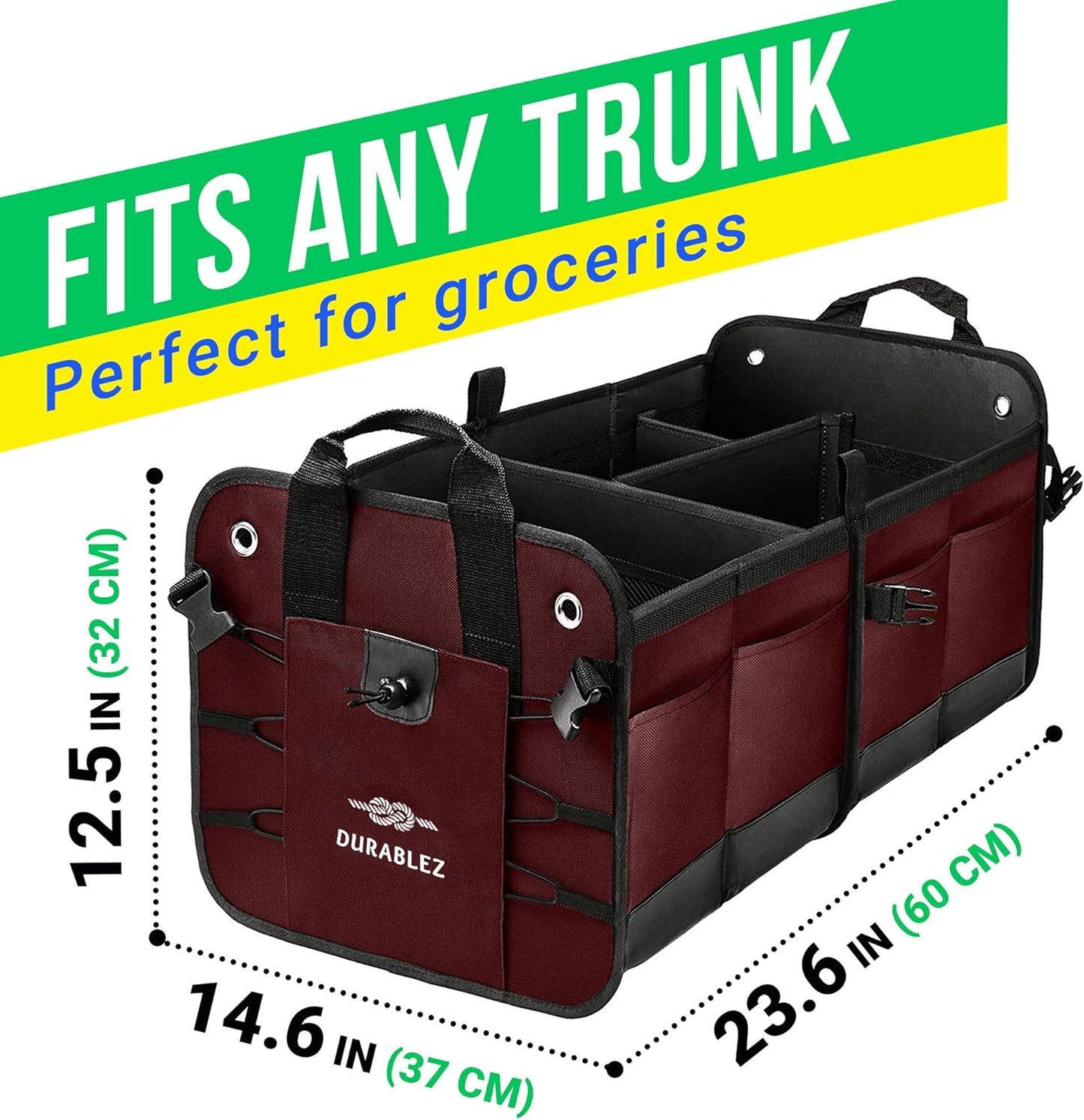 Car Trunk Organizer - Collapsible, Foldable - with Covering Net, Removable Dividers, Attachable Non-Slip Pads, Mounting Straps, and Stainless Hooks - for SUV, Truck, Sedan, Minivan, and Van - Cherry