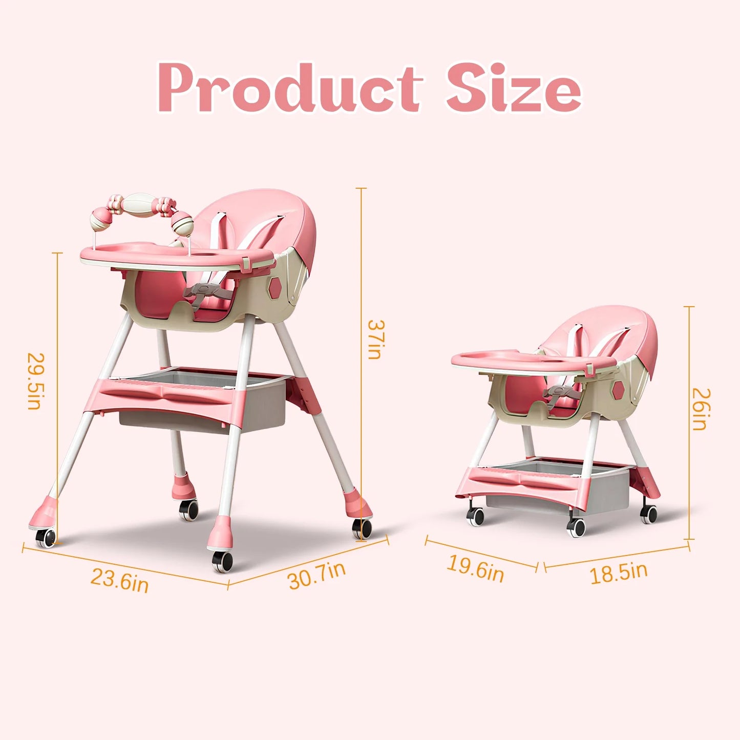 4-In-1 Baby High Chair, Portable Dining Chairs Eat & Play with Double-Layer Dinner Plate and Toy Rack, for 0-36 Months, Pink