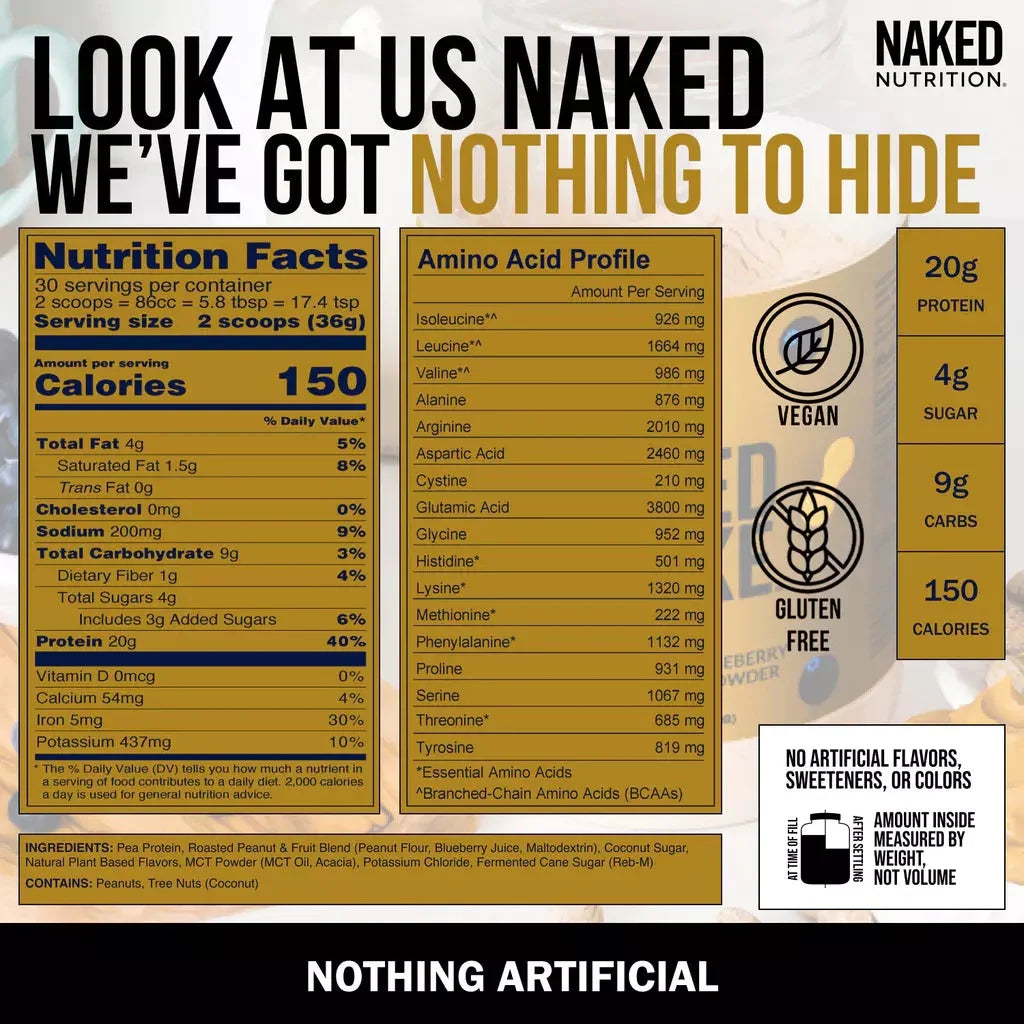 Naked Shake - Peanut Butter Blueberry Protein Powder, Plant Based Protein with Mct Oil, Gluten-Free, Soy-Free, No Gmos or Artificial Sweeteners - 30 Servings