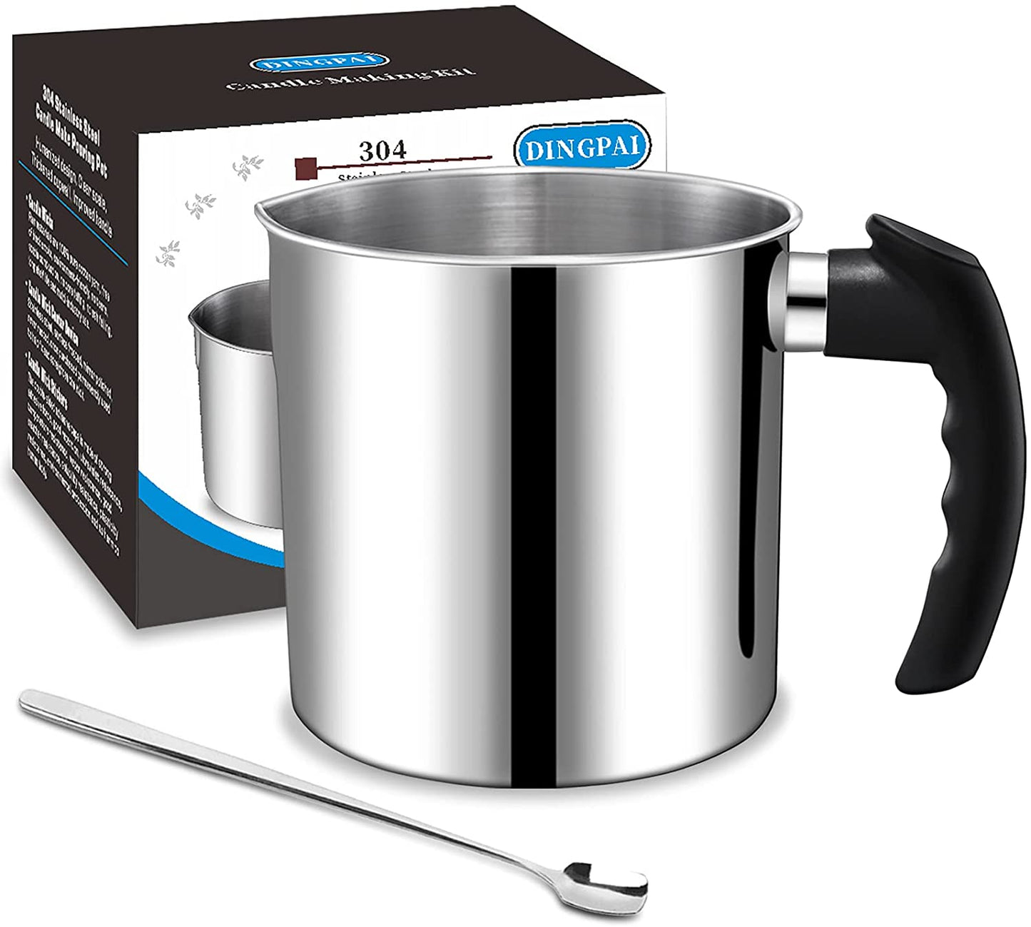 Candle Making Pouring Pot, 44Oz Double Boiler Wax Melting Pot, 1Pc Spoon, 304 Stainless Steel Candle Making Pitcher, Silver Color with Heat-Resistant Handle and Dripless Pouring Spout Design