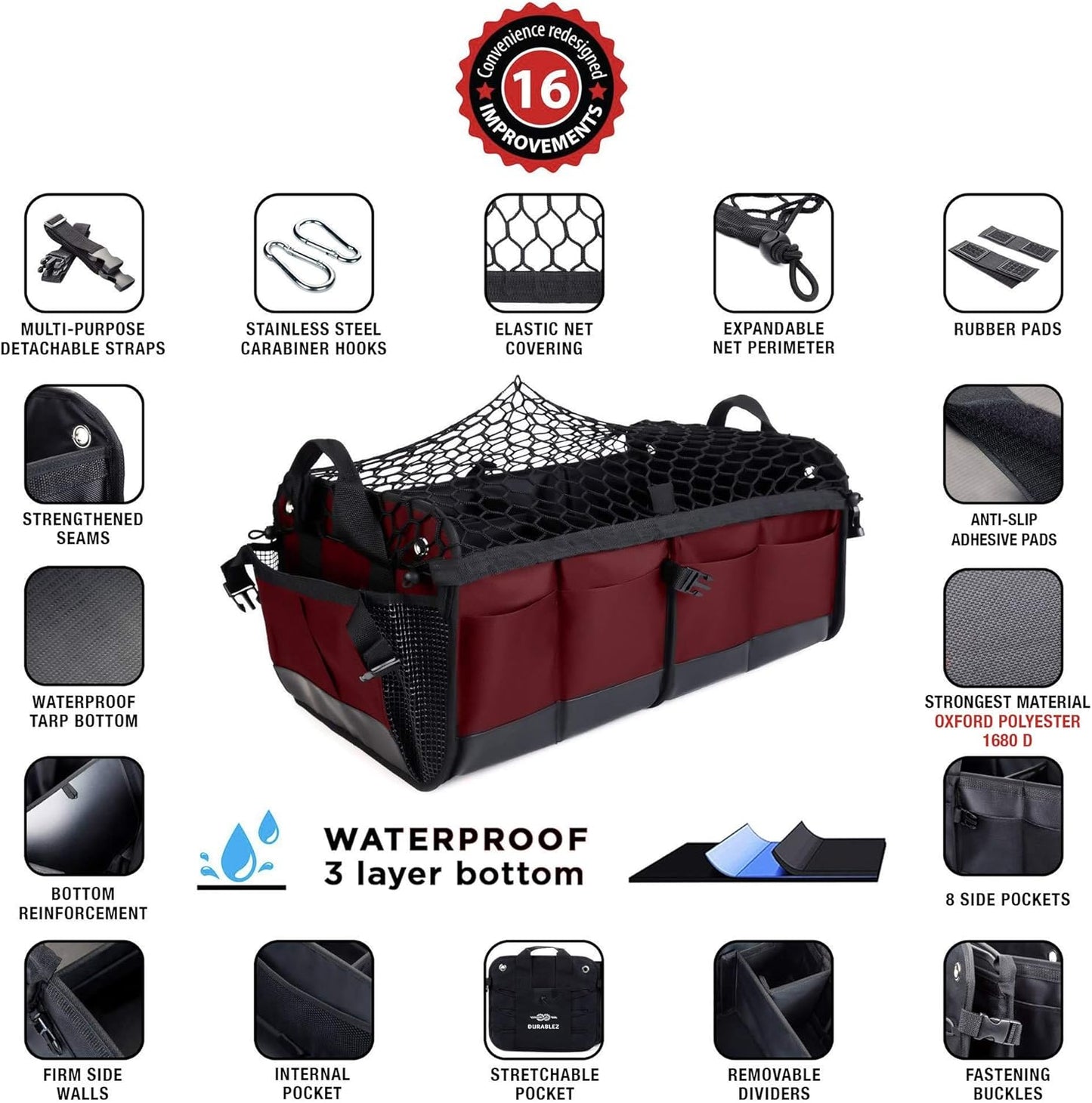 Car Trunk Organizer - Collapsible, Foldable - with Covering Net, Removable Dividers, Attachable Non-Slip Pads, Mounting Straps, and Stainless Hooks - for SUV, Truck, Sedan, Minivan, and Van - Cherry