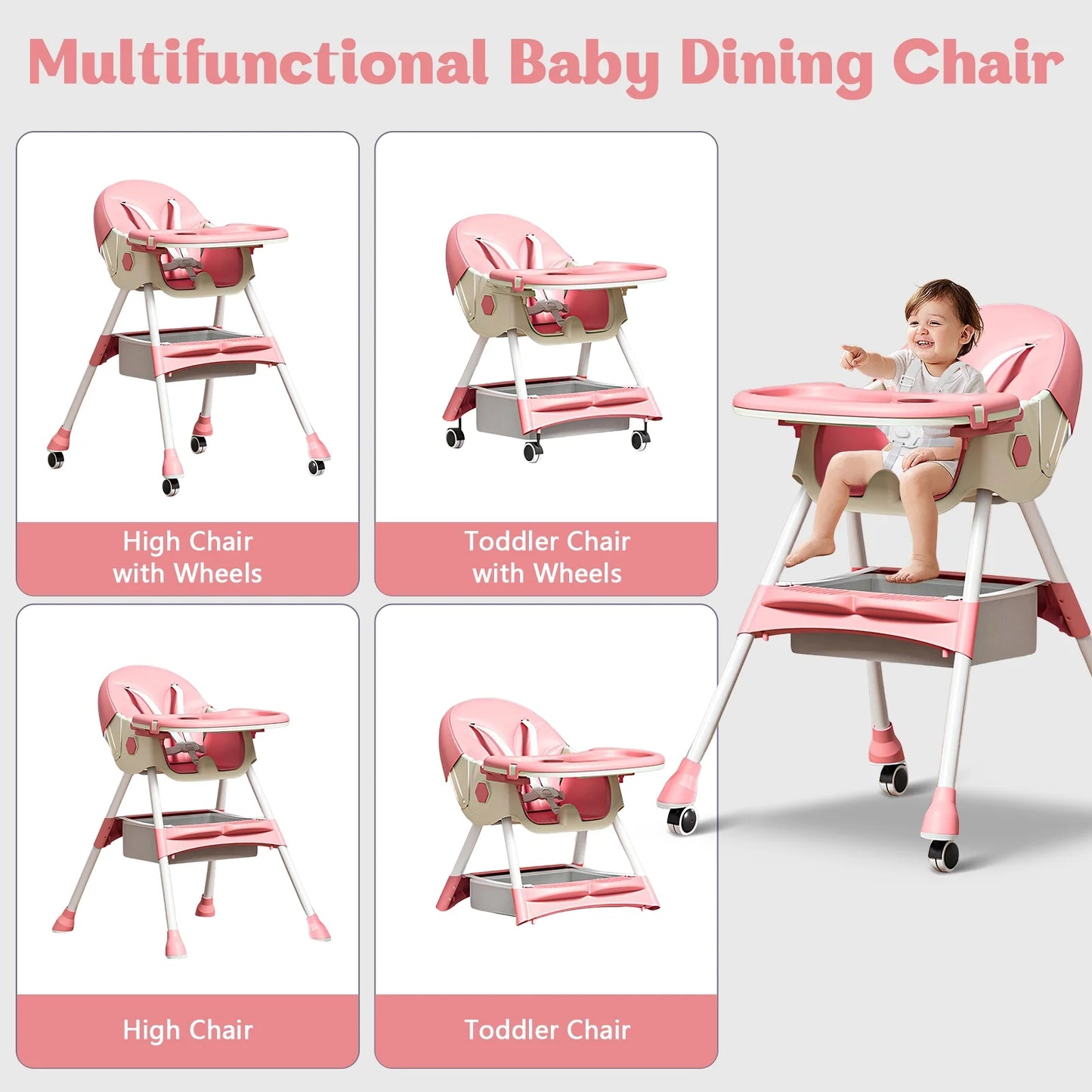 4-In-1 Baby High Chair, Portable Dining Chairs Eat & Play with Double-Layer Dinner Plate and Toy Rack, for 0-36 Months, Pink
