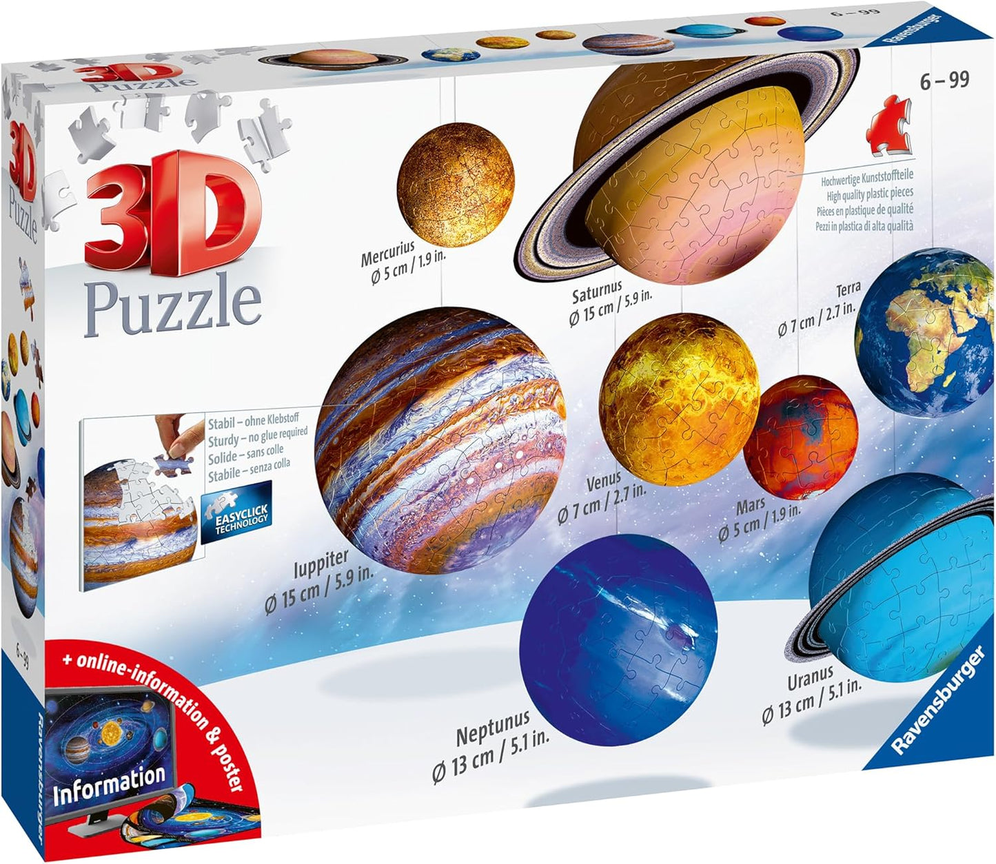 Solar System 540 Piece - 9 Planet 3D Jigsaw Puzzle Set for Kids & Adults | Easy Click Technology | Durable Material | Add a Splash of Color to Your Room Ages - No. 11668