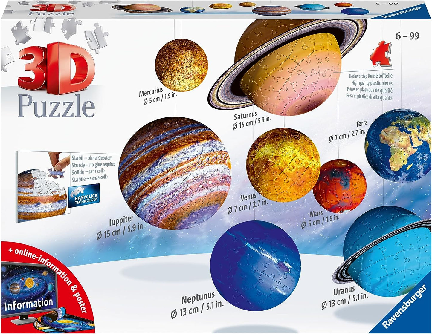 Solar System 540 Piece - 9 Planet 3D Jigsaw Puzzle Set for Kids & Adults | Easy Click Technology | Durable Material | Add a Splash of Color to Your Room Ages - No. 11668