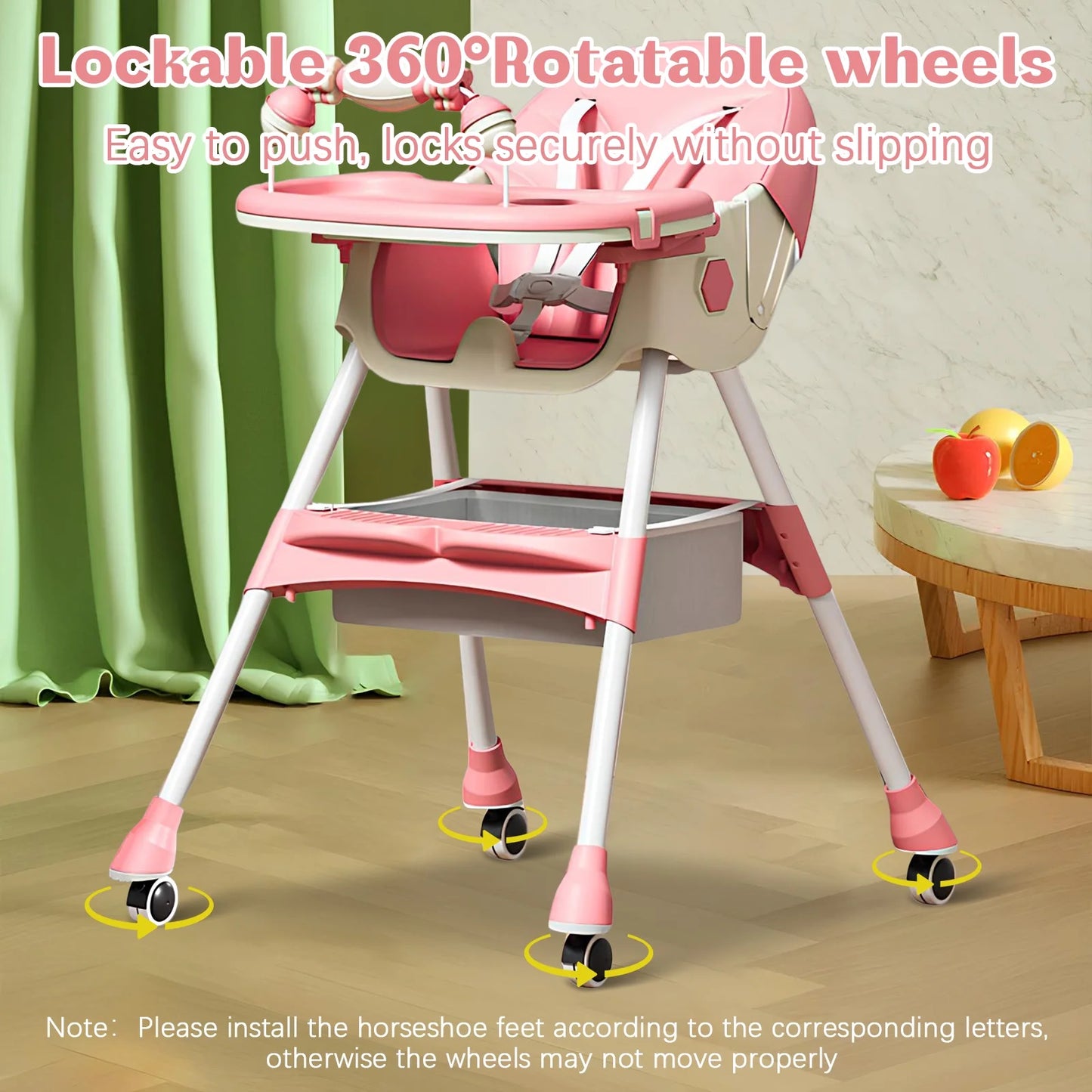 4-In-1 Baby High Chair, Portable Dining Chairs Eat & Play with Double-Layer Dinner Plate and Toy Rack, for 0-36 Months, Pink