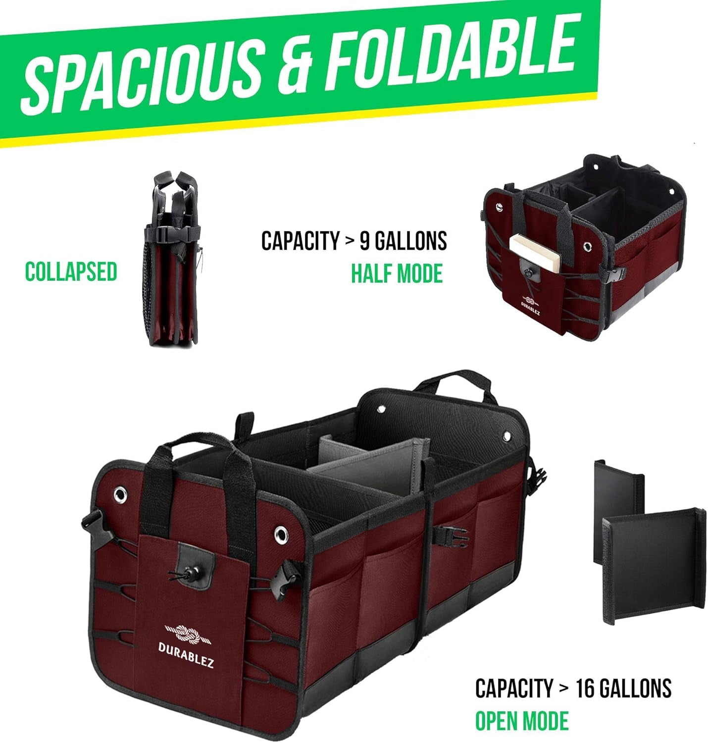 Car Trunk Organizer - Collapsible, Foldable - with Covering Net, Removable Dividers, Attachable Non-Slip Pads, Mounting Straps, and Stainless Hooks - for SUV, Truck, Sedan, Minivan, and Van - Cherry