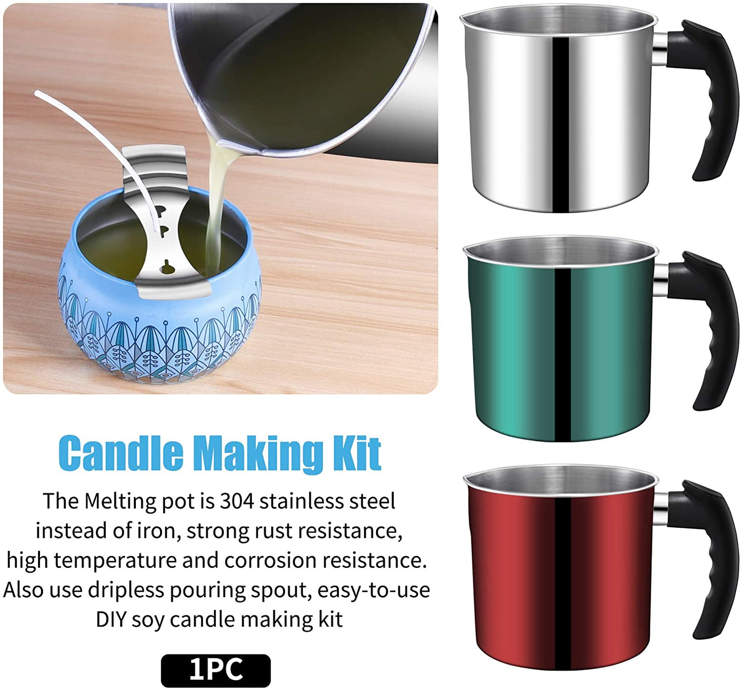 Candle Making Pouring Pot, 44Oz Double Boiler Wax Melting Pot, 1Pc Spoon, 304 Stainless Steel Candle Making Pitcher, Silver Color with Heat-Resistant Handle and Dripless Pouring Spout Design