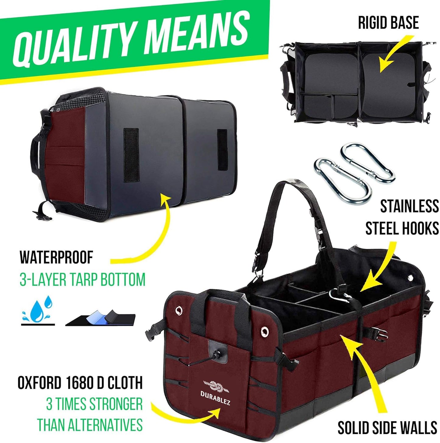 Car Trunk Organizer - Collapsible, Foldable - with Covering Net, Removable Dividers, Attachable Non-Slip Pads, Mounting Straps, and Stainless Hooks - for SUV, Truck, Sedan, Minivan, and Van - Cherry