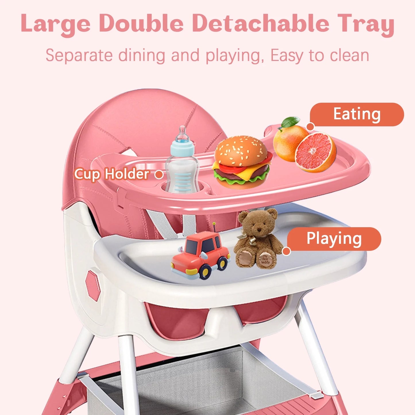 4-In-1 Baby High Chair, Portable Dining Chairs Eat & Play with Double-Layer Dinner Plate and Toy Rack, for 0-36 Months, Pink