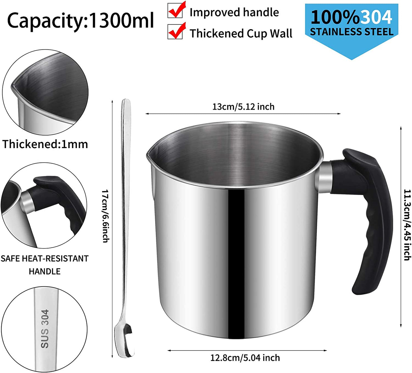 Candle Making Pouring Pot, 44Oz Double Boiler Wax Melting Pot, 1Pc Spoon, 304 Stainless Steel Candle Making Pitcher, Silver Color with Heat-Resistant Handle and Dripless Pouring Spout Design