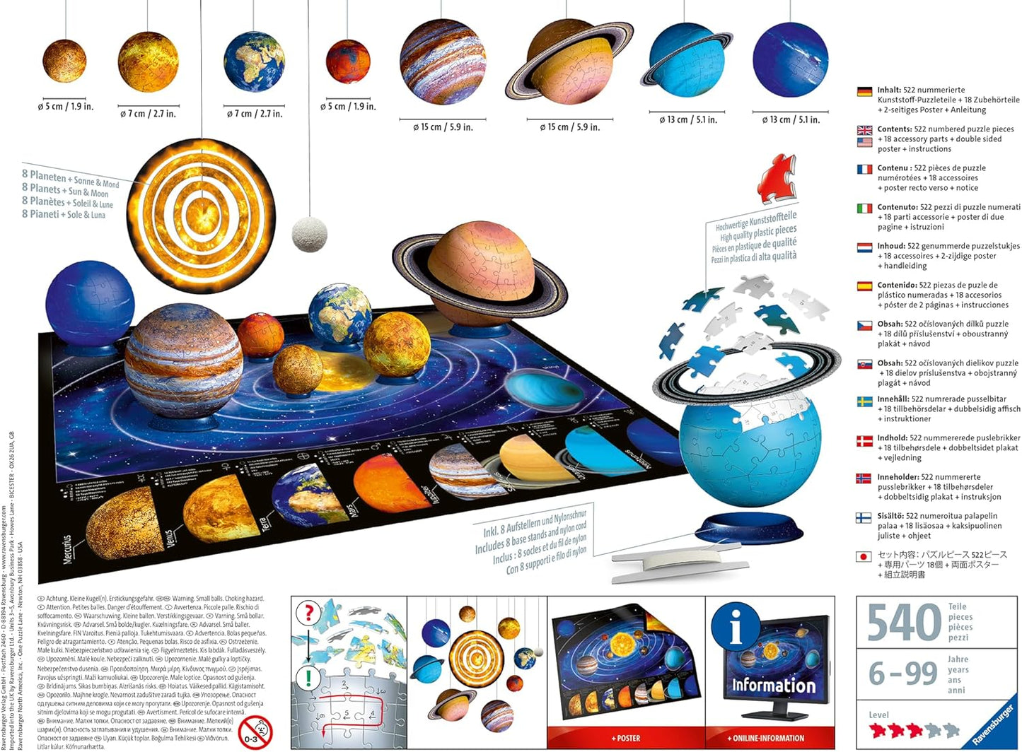 Solar System 540 Piece - 9 Planet 3D Jigsaw Puzzle Set for Kids & Adults | Easy Click Technology | Durable Material | Add a Splash of Color to Your Room Ages - No. 11668