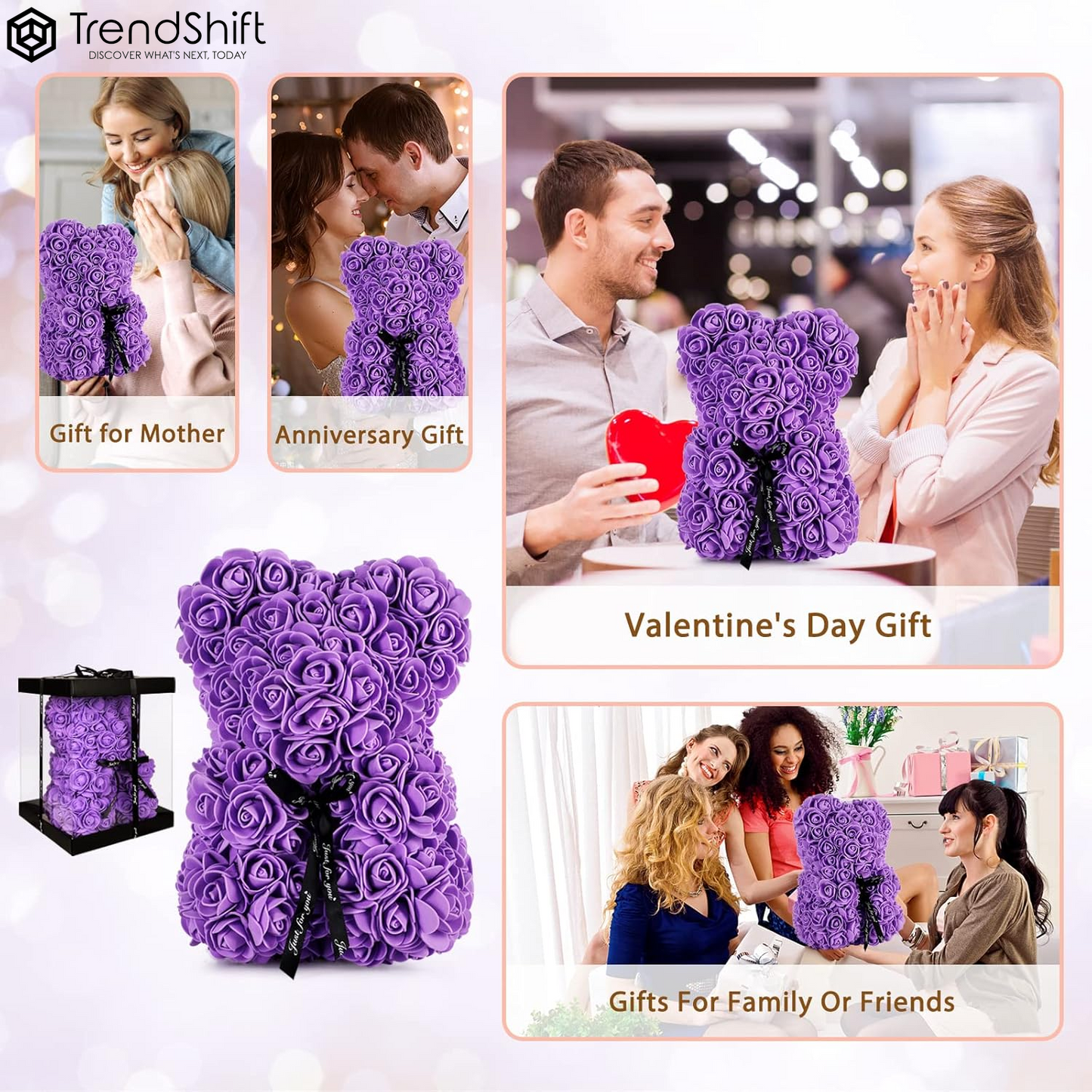 Rose Bear Gift for Women, Flower Bear Mom Birthday Gifts from Daughter Son, Rose Teddy Bear Valentines Day Gifts for Girlfriend, for Wife Mom(Purple)