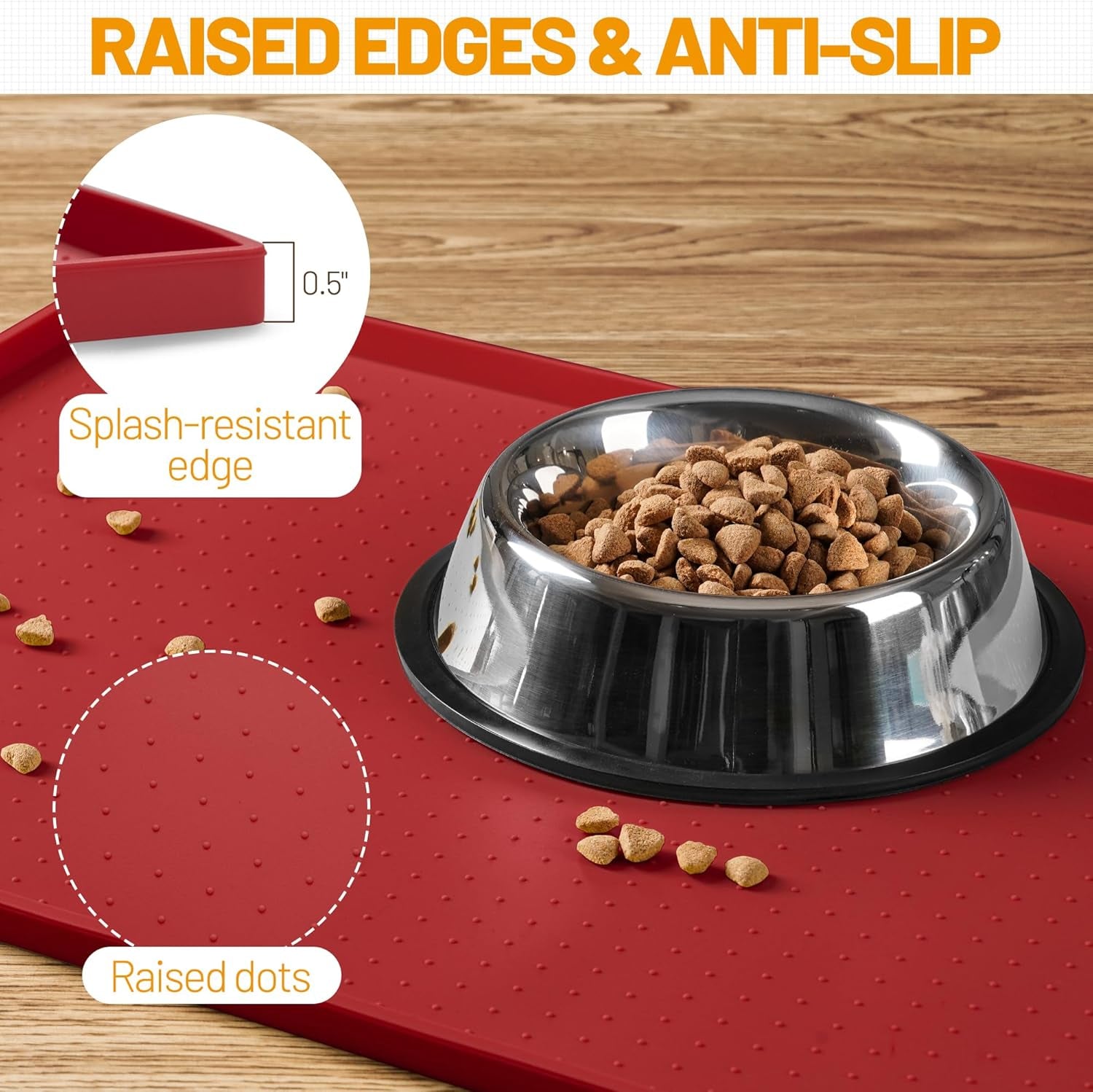 Dog Feeding Mat,100% Waterproof BPA Free Silicone Pet Food and Water Bowl Placemat,Dishwasher, High Raised Edge to Prevent Spills,Nonslip Tray to Stop Messes on Floor (19"X12"X0.5", Red)