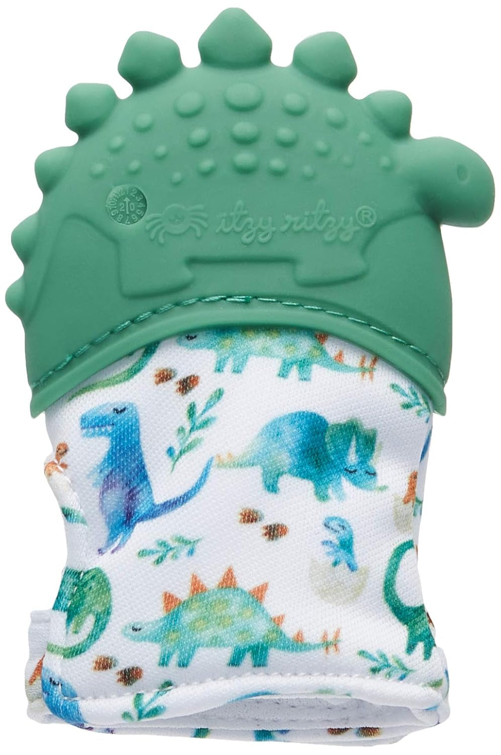 Silicone Teething Mitt - Soothing Infant Teething Mitten W/Adjustable Strap, Crinkle Sound, Textured Silicone, Soothes Sore & Swollen Gums, Baby Teething Toy for 3 Mos & Up, Green Dinosaur