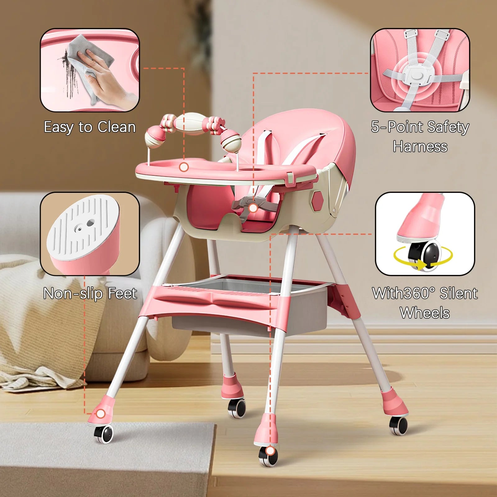 4-In-1 Baby High Chair, Portable Dining Chairs Eat & Play with Double-Layer Dinner Plate and Toy Rack, for 0-36 Months, Pink