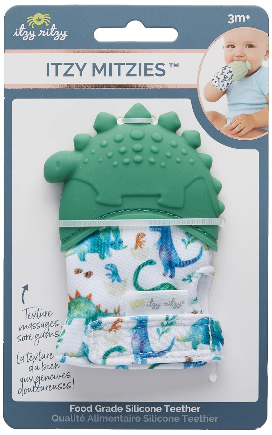 Silicone Teething Mitt - Soothing Infant Teething Mitten W/Adjustable Strap, Crinkle Sound, Textured Silicone, Soothes Sore & Swollen Gums, Baby Teething Toy for 3 Mos & Up, Green Dinosaur