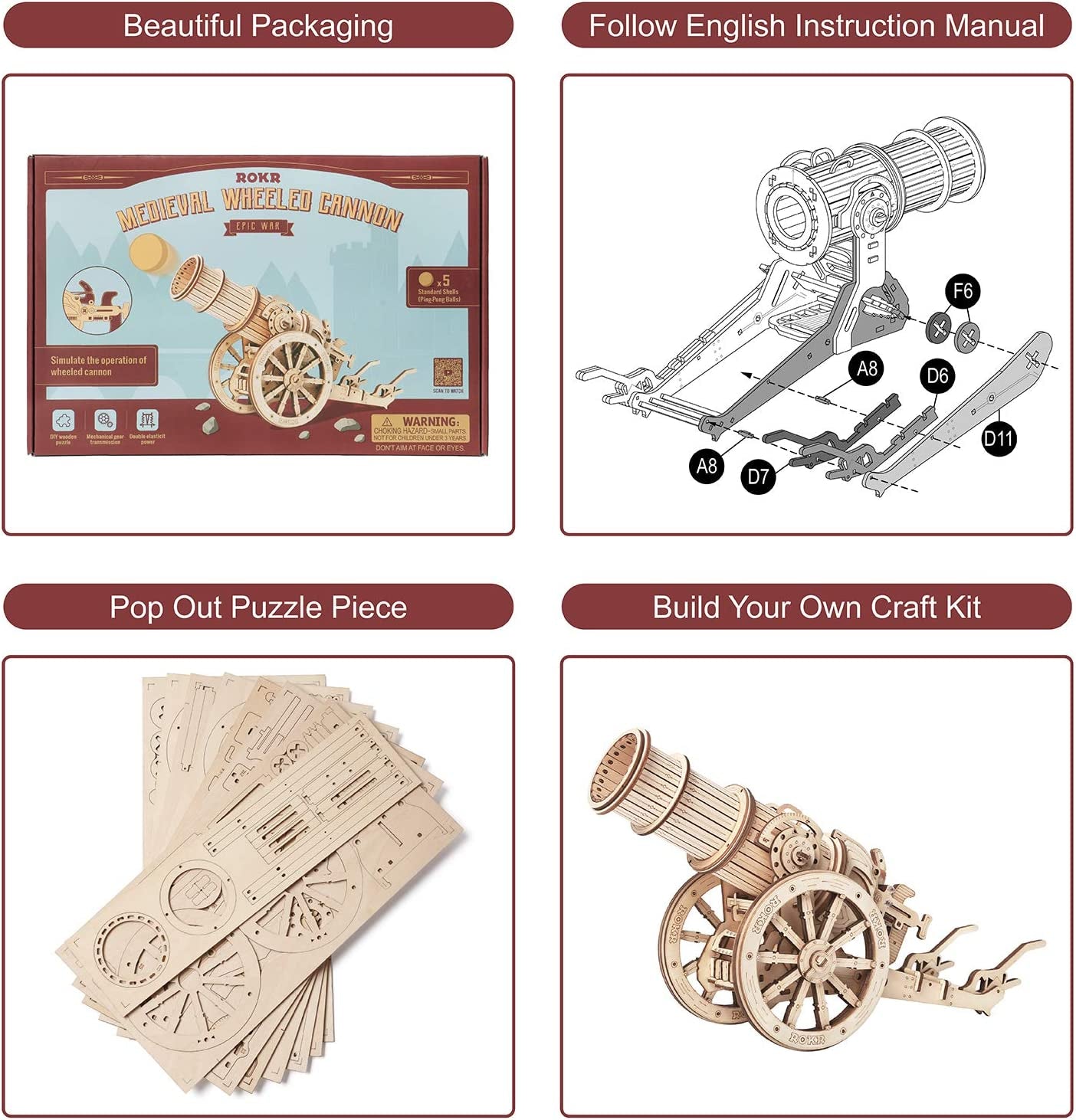 3D Wooden Puzzle Medieval Cannon Model Kits Building Set Gifts for Adults&Teens