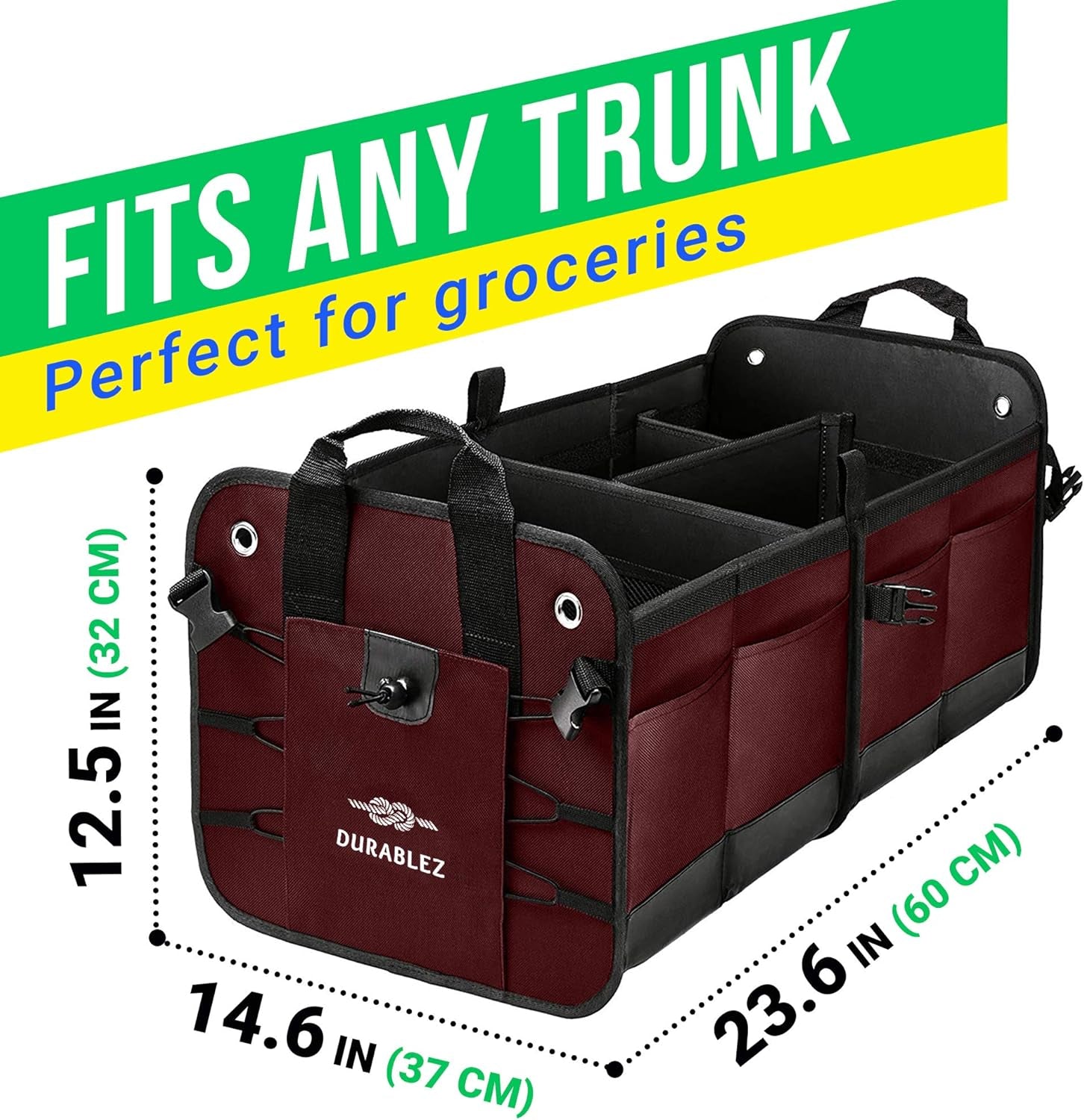 Car Trunk Organizer - Collapsible, Foldable - with Covering Net, Removable Dividers, Attachable Non-Slip Pads, Mounting Straps, and Stainless Hooks - for SUV, Truck, Sedan, Minivan, and Van - Cherry