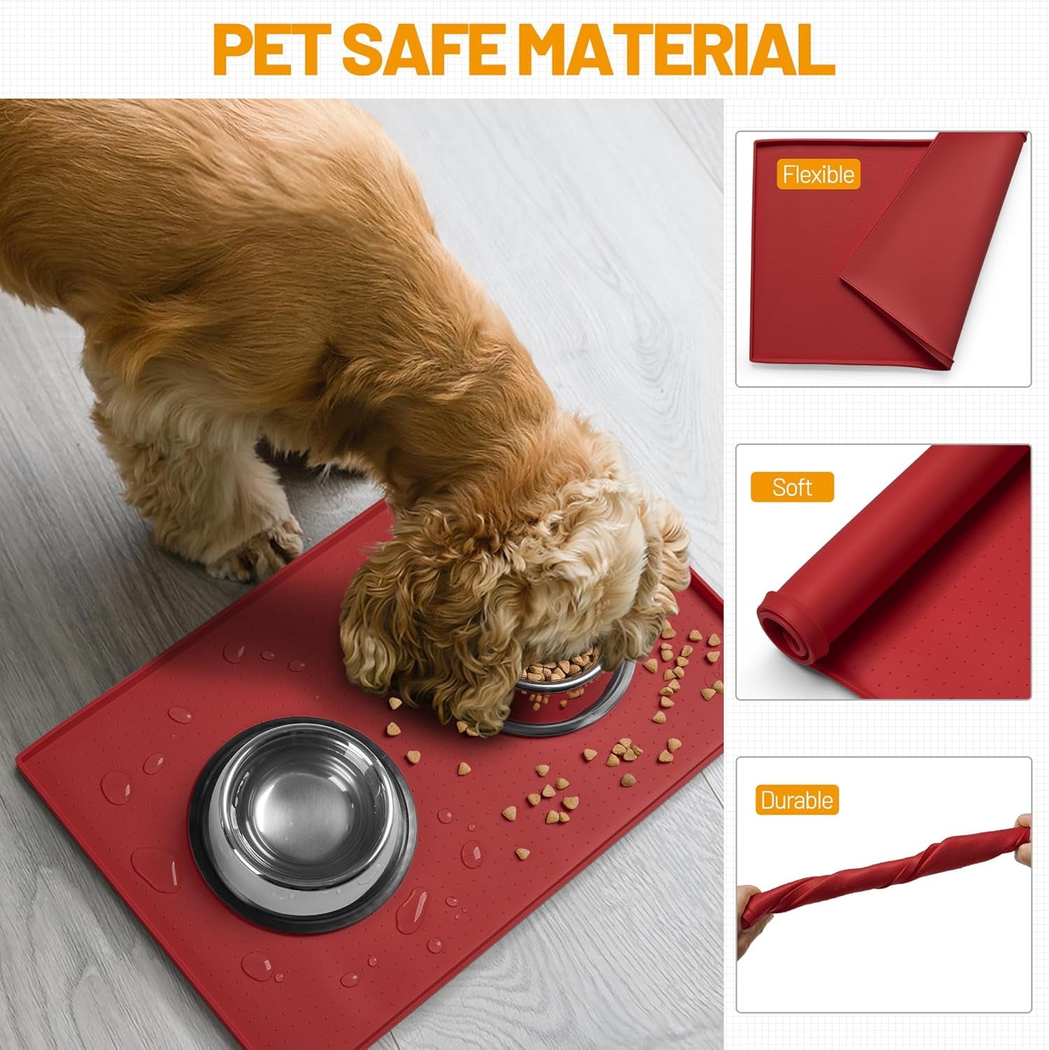 Dog Feeding Mat,100% Waterproof BPA Free Silicone Pet Food and Water Bowl Placemat,Dishwasher, High Raised Edge to Prevent Spills,Nonslip Tray to Stop Messes on Floor (19"X12"X0.5", Red)
