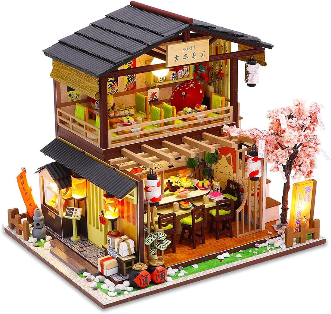 DIY Miniature Dollhouse Kit, Tiny House Kit with Furniture, Miniature House Kit 1:24 Scale Japanese Style Shop, Great Handmade Crafts Gift for Birthday Christmas Day