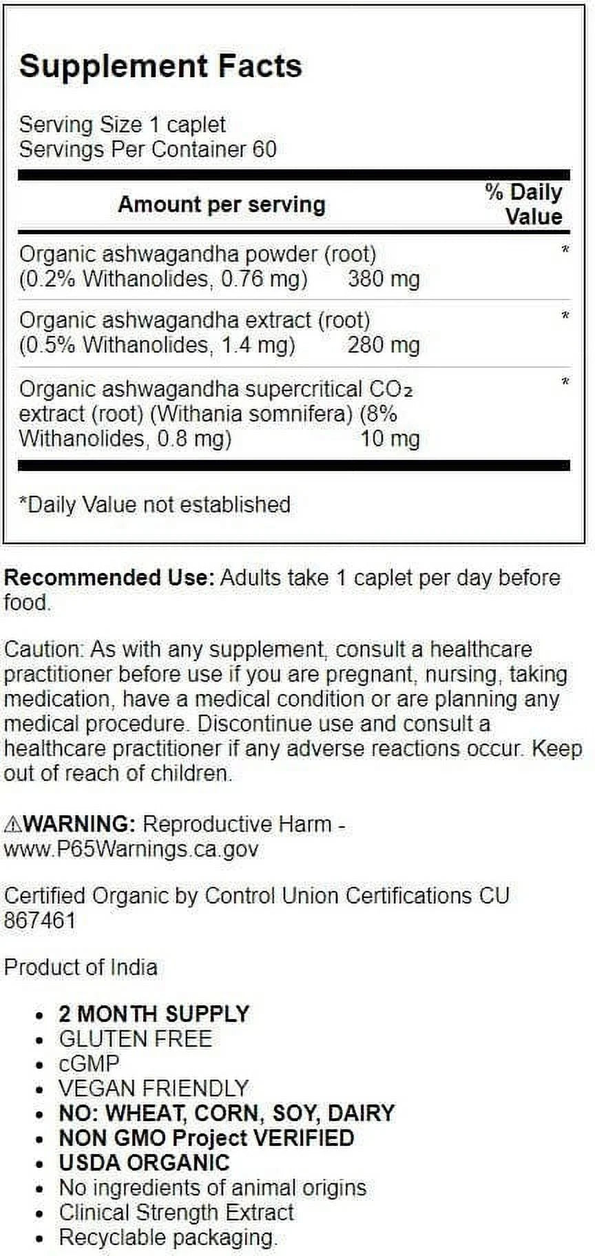 Organic Ashwagandha, Herbal Supplement for Stress Relief, Energy Support, Occasional Sleeplessness, 60 Caplets
