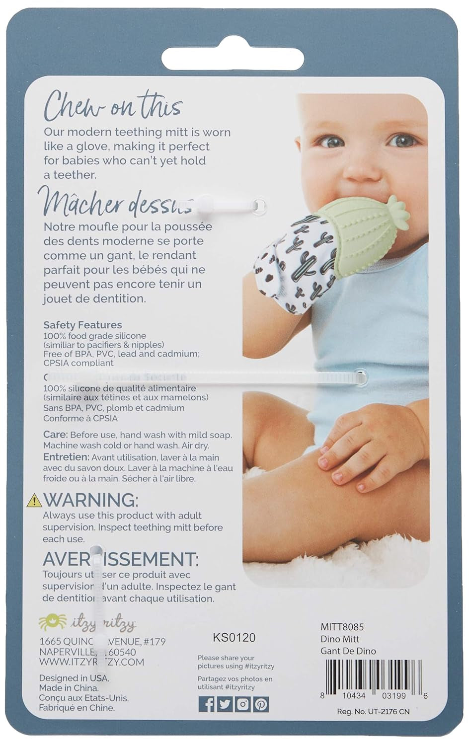 Silicone Teething Mitt - Soothing Infant Teething Mitten W/Adjustable Strap, Crinkle Sound, Textured Silicone, Soothes Sore & Swollen Gums, Baby Teething Toy for 3 Mos & Up, Green Dinosaur