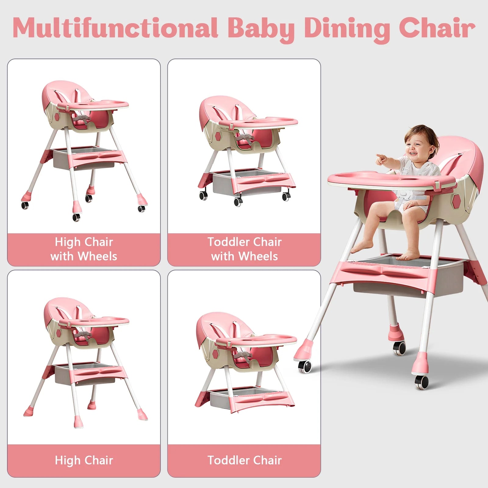 4-In-1 Baby High Chair, Portable Dining Chairs Eat & Play with Double-Layer Dinner Plate and Toy Rack, for 0-36 Months, Pink