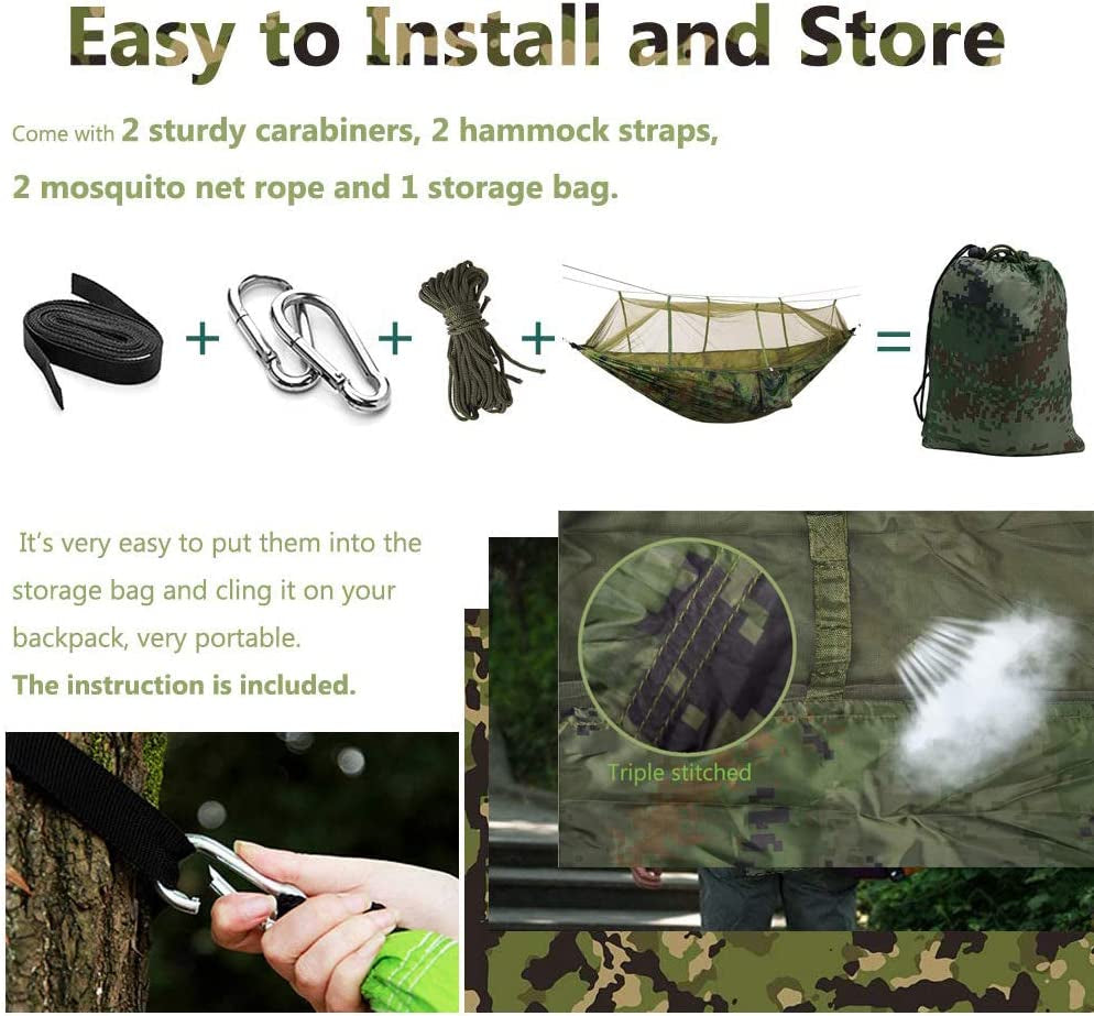 Camping Hammock with Net Netting, Single & Double Tree Hammock Net, Lightweight Nylon Portable Hammock for Backpacking, Camping, Travel, Beach, Yard Multi Color