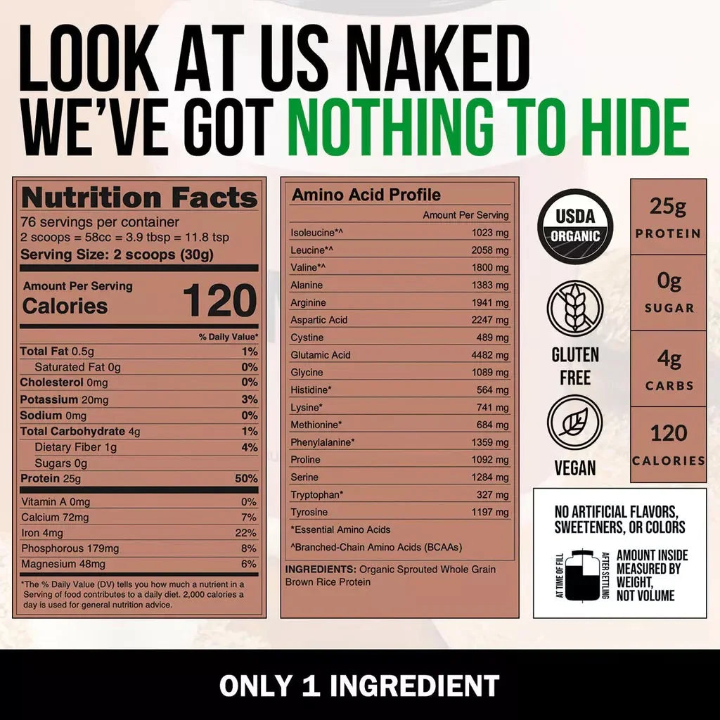 Naked Rice - Organic Brown Rice Protein Powder - Vegan Protein Powder - 5Lb Bulk, GMO Free, Gluten Free & Soy Free. Plant-Based Protein, No Artificial Ingredients - 76 Servings