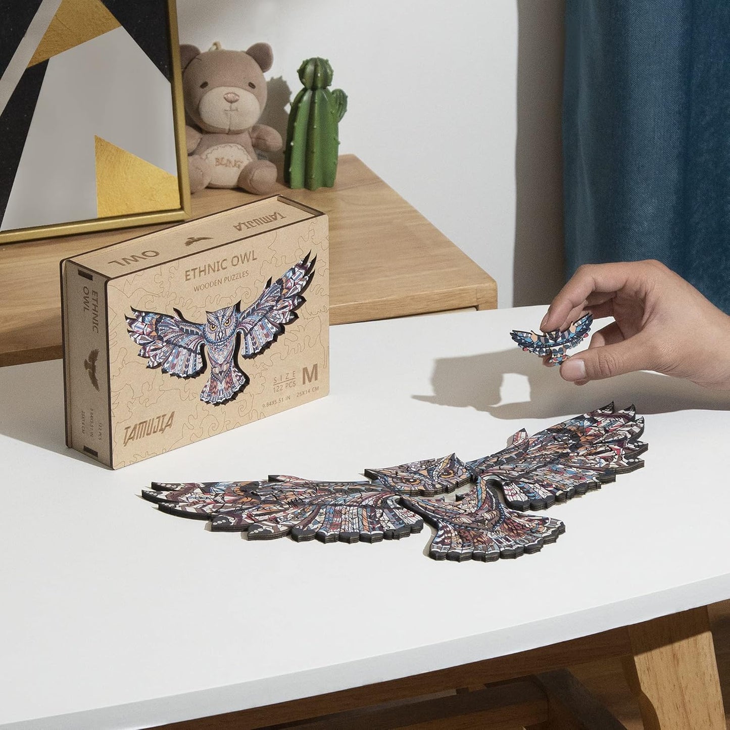 Wooden Jigsaw Puzzles for Adults, Beautiful Unique Family Owl Animal Shaped Puzzle 122 Pieces Best Gift for Adults and Kids, Small Size 9.84 × 5.51 in (25 × 14 Cm