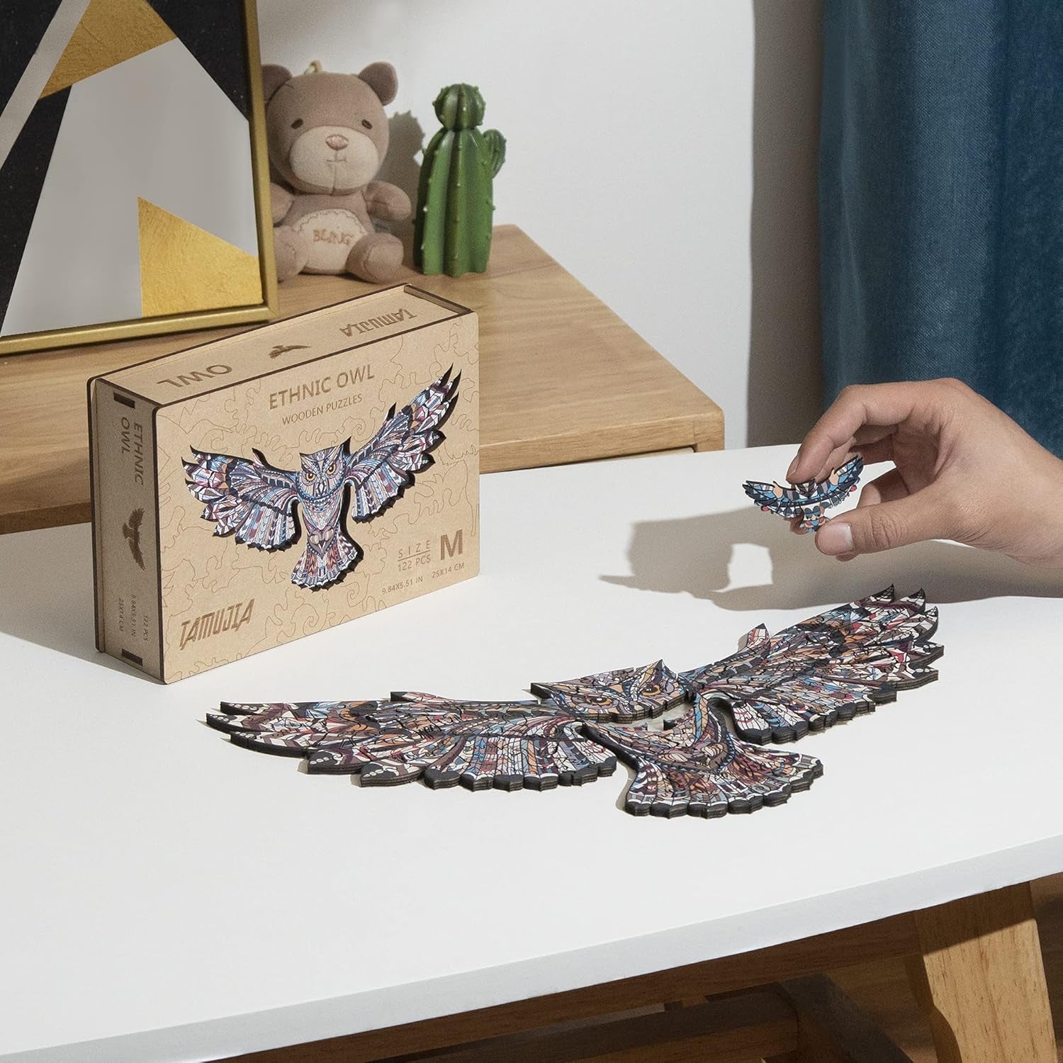 Wooden Jigsaw Puzzles for Adults, Beautiful Unique Family Owl Animal Shaped Puzzle 122 Pieces Best Gift for Adults and Kids, Small Size 9.84 × 5.51 in (25 × 14 Cm