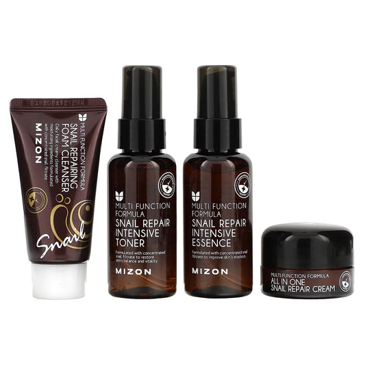 Snail Line Set, Korean Snail Skincare Essentials Set, Mini Sized Snail Foam Cleanser, Toner, Essence, and All in One Facial Cream to Improve Skin Tone, Fine Wrinkles, Smooth, Moisturize.