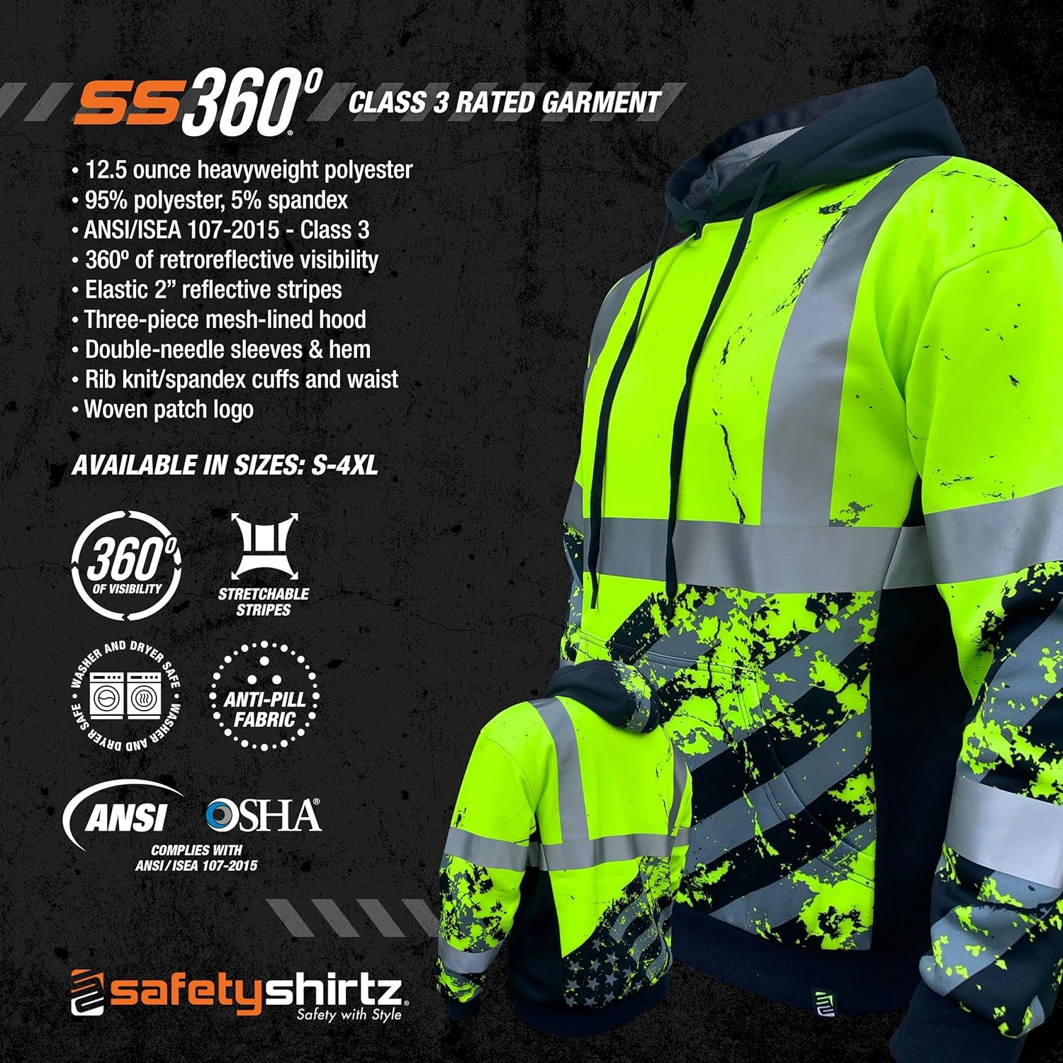 High Visibility Hoodie - SS360 American Grit ANSI Class 3 Type R Hi Vis Hoodie - Cold Weather Reflective Jacket