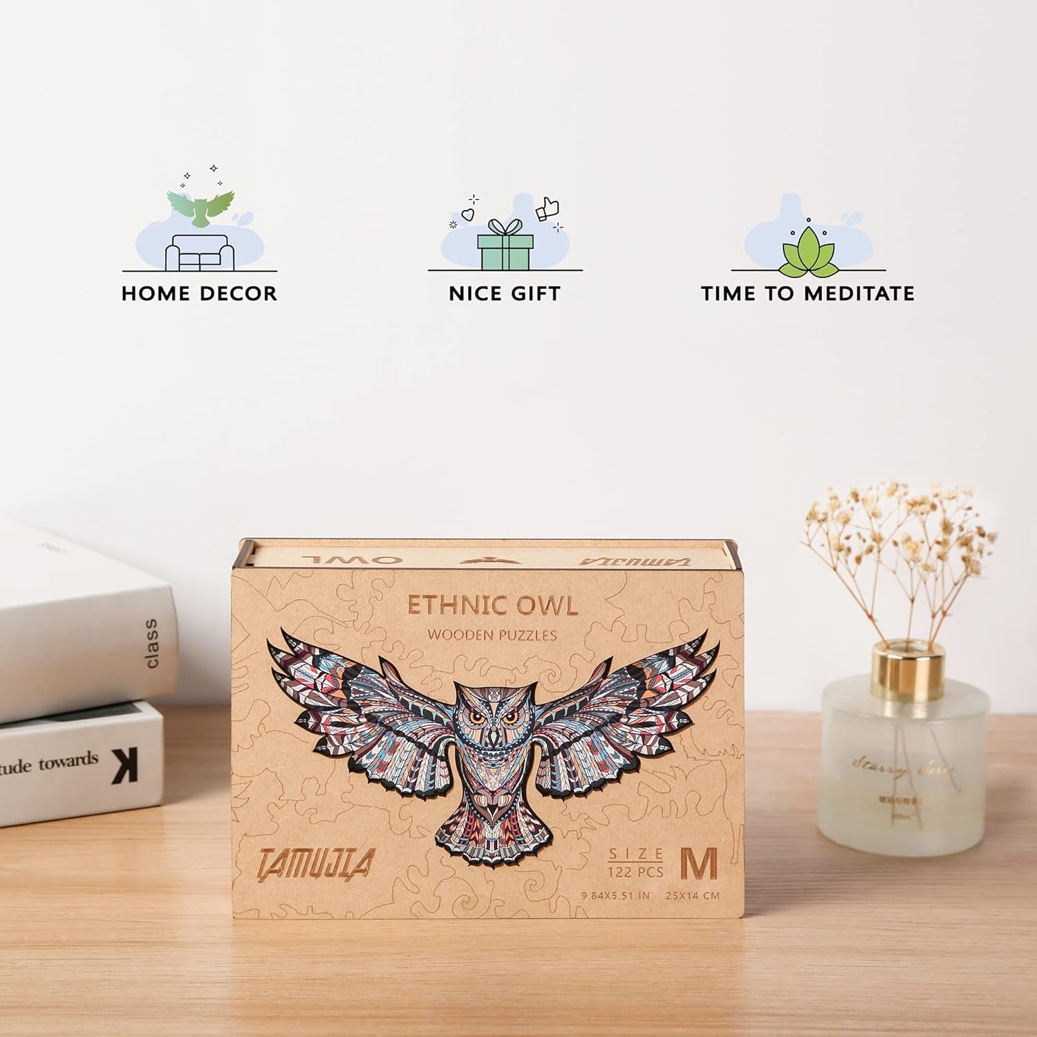 Wooden Jigsaw Puzzles for Adults, Beautiful Unique Family Owl Animal Shaped Puzzle 122 Pieces Best Gift for Adults and Kids, Small Size 9.84 × 5.51 in (25 × 14 Cm